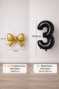 Gold Fiyonk & Siyah 3 Rakam Folyo Balon Seti