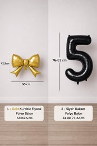 Gold Fiyonk & Siyah 5 Rakam Folyo Balon Seti