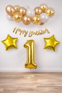 Gold Konsept 1 Yaş Doğum Günü Kutlama Seti; Beyaz Gold Konfetili Balon, Rakam Yıldız Folyo ve Banner
