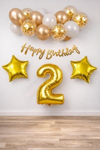 Gold Konsept 2 Yaş Doğum Günü Kutlama Seti; Beyaz Gold Konfetili Balon, Rakam Yıldız Folyo ve Banner