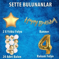 Gold Konsept 4 Yaş Doğum Günü Kutlama Seti; Beyaz Gold Konfetili Balon, Rakam Yıldız Folyo ve Banner