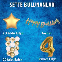 Gold Konsept 4 Yaş Doğum Günü Kutlama Seti; Beyaz Gold Konfetili Balon, Rakam Yıldız Folyo ve Banner