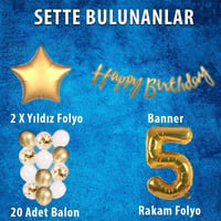 Gold Konsept 5 Yaş Doğum Günü Kutlama Seti; Beyaz Gold Konfetili Balon, Rakam Yıldız Folyo ve Banner