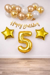 Gold Konsept 5 Yaş Doğum Günü Kutlama Seti; Beyaz Gold Konfetili Balon, Rakam Yıldız Folyo ve Banner