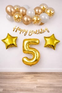 Gold Konsept 5 Yaş Doğum Günü Kutlama Seti; Beyaz Gold Konfetili Balon, Rakam Yıldız Folyo ve Banner