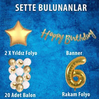 Gold Konsept 6 Yaş Doğum Günü Kutlama Seti; Beyaz Gold Konfetili Balon, Rakam Yıldız Folyo ve Banner