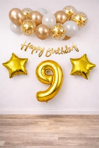 Gold Konsept 9 Yaş Doğum Günü Kutlama Seti; Beyaz Gold Konfetili Balon, Rakam Yıldız Folyo ve Banner
