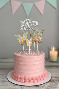 Gümüş Happy Birthday & Kelebek Pasta Süsü Seti (5 Parça)