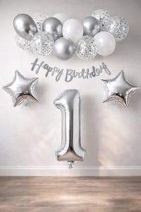 Gümüş Konsept 1 Yaş Doğum Günü Kutlama Seti Beyaz Gümüş Konfetili Balon Rakam Yıldız Folyo ve Banner