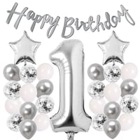 Gümüş Konsept 1 Yaş Doğum Günü Kutlama Seti Beyaz Gümüş Konfetili Balon Rakam Yıldız Folyo ve Banner