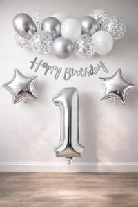 Gümüş Konsept 1 Yaş Doğum Günü Kutlama Seti Beyaz Gümüş Konfetili Balon Rakam Yıldız Folyo ve Banner
