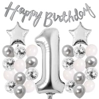 Gümüş Konsept 1 Yaş Doğum Günü Kutlama Seti Beyaz Gümüş Konfetili Balon Rakam Yıldız Folyo ve Banner
