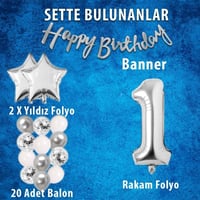 Gümüş Konsept 1 Yaş Doğum Günü Kutlama Seti Beyaz Gümüş Konfetili Balon Rakam Yıldız Folyo ve Banner
