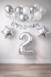 Gümüş Konsept 2 Yaş Doğum Günü Kutlama Seti Beyaz Gümüş Konfetili Balon Rakam Yıldız Folyo ve Banner