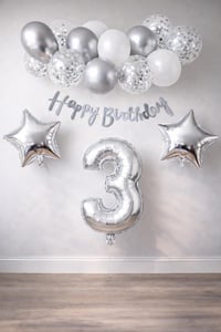 Gümüş Konsept 3 Yaş Doğum Günü Kutlama Seti Beyaz Gümüş Konfetili Balon Rakam Yıldız Folyo ve Banner
