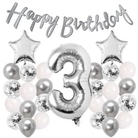 Gümüş Konsept 3 Yaş Doğum Günü Kutlama Seti Beyaz Gümüş Konfetili Balon Rakam Yıldız Folyo ve Banner