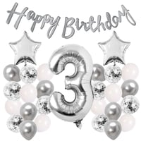 Gümüş Konsept 3 Yaş Doğum Günü Kutlama Seti Beyaz Gümüş Konfetili Balon Rakam Yıldız Folyo ve Banner