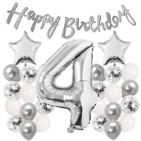 Gümüş Konsept 4 Yaş Doğum Günü Kutlama Seti Beyaz Gümüş Konfetili Balon Rakam Yıldız Folyo ve Banner