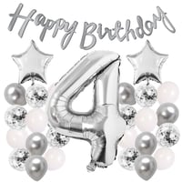 Gümüş Konsept 4 Yaş Doğum Günü Kutlama Seti Beyaz Gümüş Konfetili Balon Rakam Yıldız Folyo ve Banner