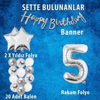 Gümüş Konsept 5 Yaş Doğum Günü Kutlama Seti Beyaz Gümüş Konfetili Balon Rakam Yıldız Folyo ve Banner