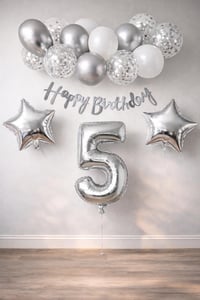 Gümüş Konsept 5 Yaş Doğum Günü Kutlama Seti Beyaz Gümüş Konfetili Balon Rakam Yıldız Folyo ve Banner