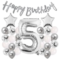 Gümüş Konsept 5 Yaş Doğum Günü Kutlama Seti Beyaz Gümüş Konfetili Balon Rakam Yıldız Folyo ve Banner