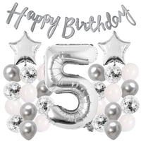 Gümüş Konsept 5 Yaş Doğum Günü Kutlama Seti Beyaz Gümüş Konfetili Balon Rakam Yıldız Folyo ve Banner