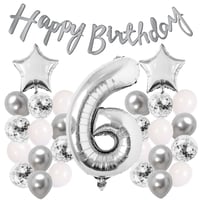 Gümüş Konsept 6 Yaş Doğum Günü Kutlama Seti Beyaz Gümüş Konfetili Balon Rakam Yıldız Folyo ve Banner