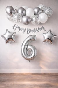 Gümüş Konsept 6 Yaş Doğum Günü Kutlama Seti Beyaz Gümüş Konfetili Balon Rakam Yıldız Folyo ve Banner