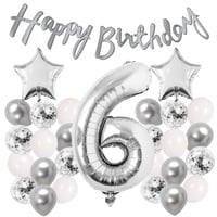 Gümüş Konsept 6 Yaş Doğum Günü Kutlama Seti Beyaz Gümüş Konfetili Balon Rakam Yıldız Folyo ve Banner