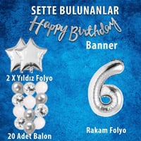 Gümüş Konsept 6 Yaş Doğum Günü Kutlama Seti Beyaz Gümüş Konfetili Balon Rakam Yıldız Folyo ve Banner