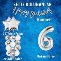 Gümüş Konsept 6 Yaş Doğum Günü Kutlama Seti Beyaz Gümüş Konfetili Balon Rakam Yıldız Folyo ve Banner