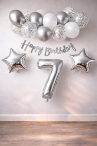 Gümüş Konsept 7 Yaş Doğum Günü Kutlama Seti Beyaz Gümüş Konfetili Balon Rakam Yıldız Folyo ve Banner
