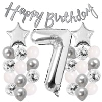Gümüş Konsept 7 Yaş Doğum Günü Kutlama Seti Beyaz Gümüş Konfetili Balon Rakam Yıldız Folyo ve Banner