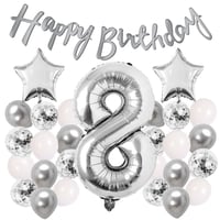 Gümüş Konsept 8 Yaş Doğum Günü Kutlama Seti Beyaz Gümüş Konfetili Balon Rakam Yıldız Folyo ve Banner
