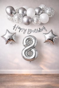 Gümüş Konsept 8 Yaş Doğum Günü Kutlama Seti Beyaz Gümüş Konfetili Balon Rakam Yıldız Folyo ve Banner