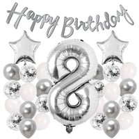 Gümüş Konsept 8 Yaş Doğum Günü Kutlama Seti Beyaz Gümüş Konfetili Balon Rakam Yıldız Folyo ve Banner