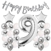 Gümüş Konsept 9 Yaş Doğum Günü Kutlama Seti Beyaz Gümüş Konfetili Balon Rakam Yıldız Folyo ve Banner