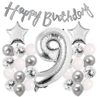 Gümüş Konsept 9 Yaş Doğum Günü Kutlama Seti Beyaz Gümüş Konfetili Balon Rakam Yıldız Folyo ve Banner
