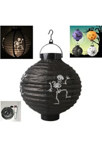 Halloween 20 cm Led Işıklı İskelet Desenli Siyah Renk Kağıt Japon Feneri