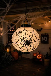 Halloween 20 cm Led Işıklı Örümcek Desenli Beyaz Renk Kağıt Japon Feneri