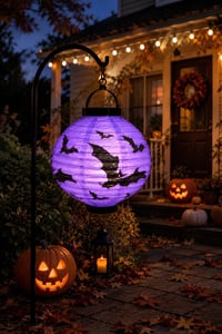 Halloween 20 cm Led Işıklı Yarasa Desenli Mor Renk Kağıt Japon Feneri