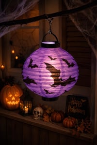 Halloween 20 cm Led Işıklı Yarasa Desenli Mor Renk Kağıt Japon Feneri