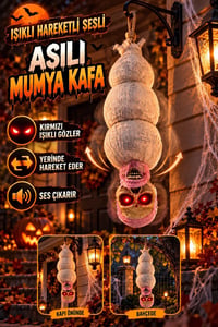 Halloween Asılı Mumya Kafa Işıklı Hareketli Sesli Cadılar Bayramı Dekoru