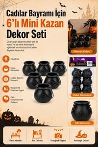 Halloween Cadılar Bayramı 6’lı Mini Kazan Dekor Seti – Siyah Cadı Kazanı Süsü