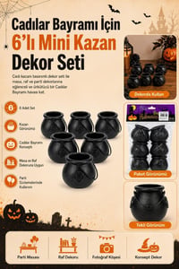 Halloween Cadılar Bayramı 6’lı Mini Kazan Dekor Seti – Siyah Cadı Kazanı Süsü