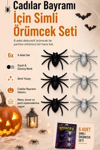 Halloween Cadılar Bayramı 6'lı Simli Örümcek Süs Seti – Siyah ve Gümüş Dekoratif Örümcek 5x6 Cm