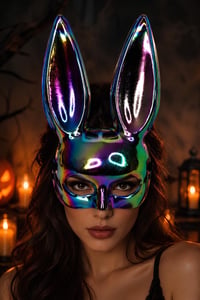 Halloween Cadılar Bayramı Holografik Tavşan Maskesi – Parlak Renkli Kostüm Aksesuarı