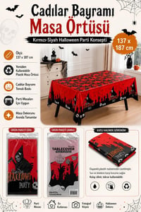 Halloween Cadılar Bayramı Kırmızı Siyah Masa Örtüsü 137 x 187 cm