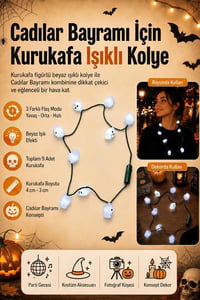 Halloween Cadılar Bayramı Kurukafa Işıklı Kolye – 9 Figürlü 3 Modlu Beyaz Işıklı Kostüm Aksesuarı